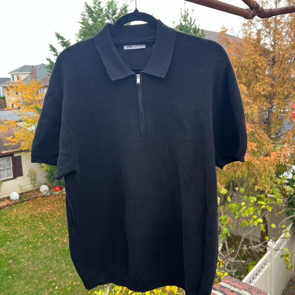 Zara Black Ribbed Collar Polo Zip-Up